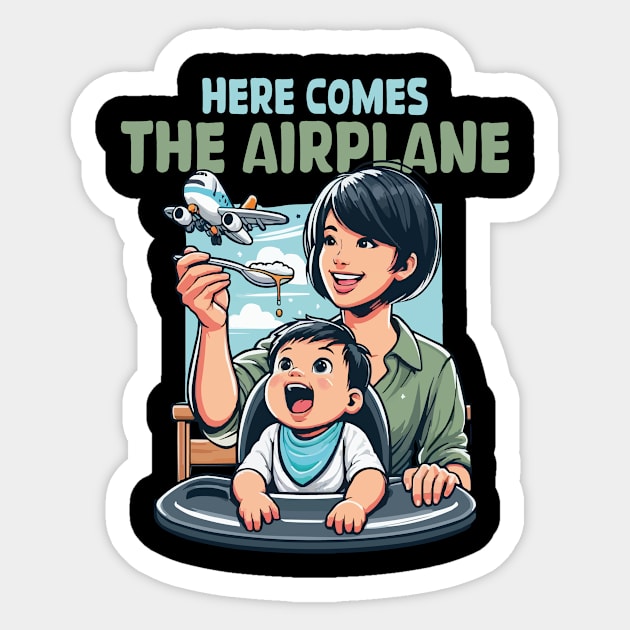 Here Comes The Airplane Mom Son Funny Mother's Day feeding Sticker by JUST PINK